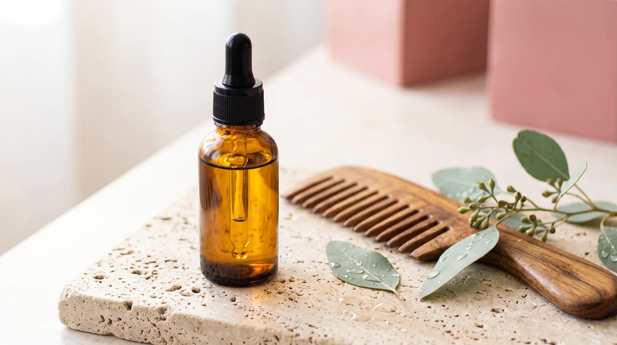 An amber glass dropper bottle with natural hair regrowth serum placed on a stone surface next to a wooden comb