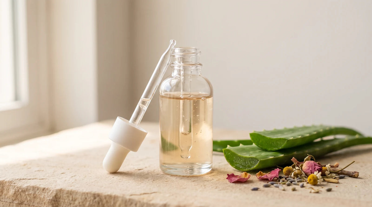 Clear glass dropper bottle with natural hair growth serum on a sandstone surface beside fresh botanical ingredients