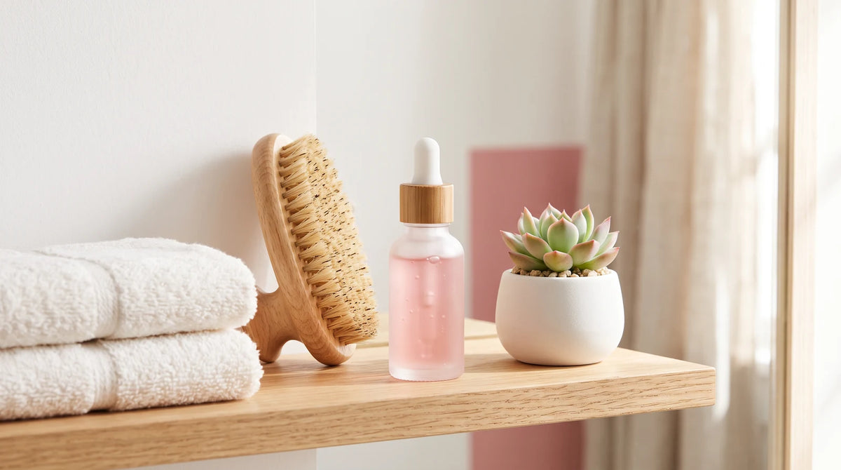 Frosted glass dropper bottle and wooden scalp brush on a clean bathroom counter
