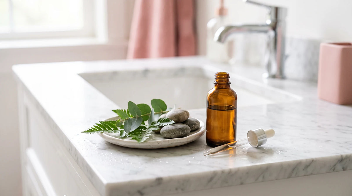 Amber glass bottle of natural serum for hair growth on a bright marble vanity with botanical leaves