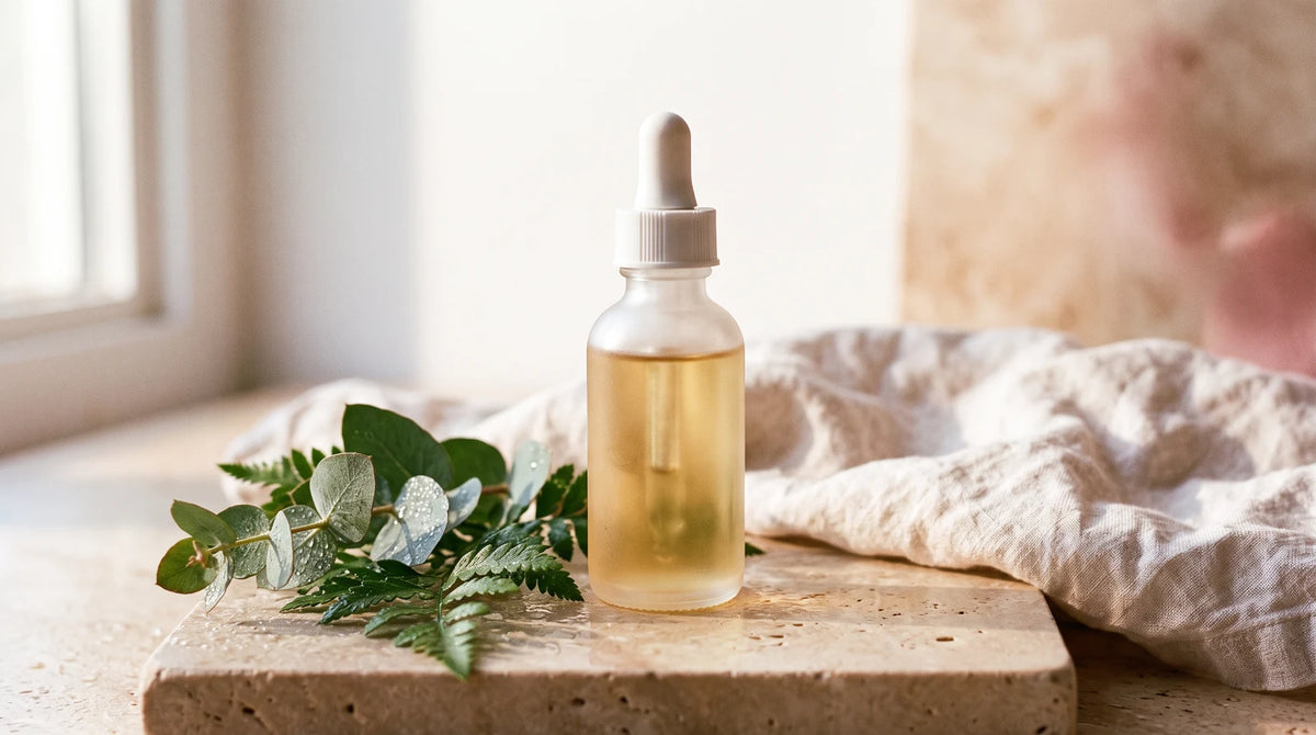 Minimalist dropper bottle containing hydrating hair revive serum displayed on natural stone surface