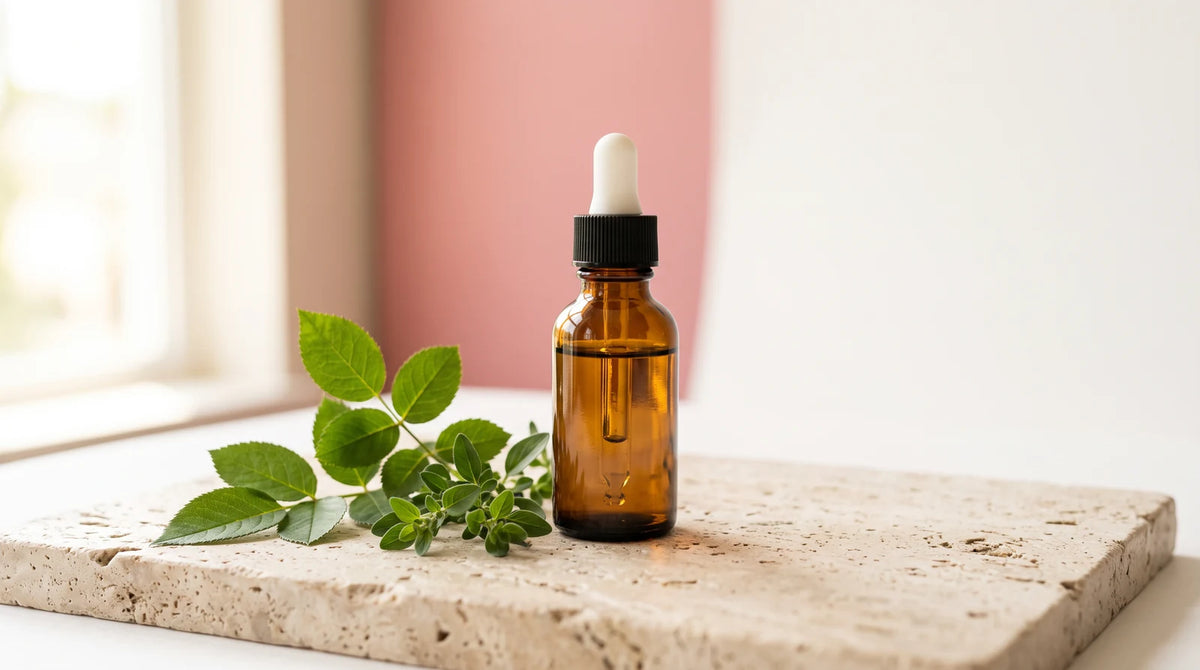 Natural hair growth serum bottle with clean botanical ingredients on stone surface