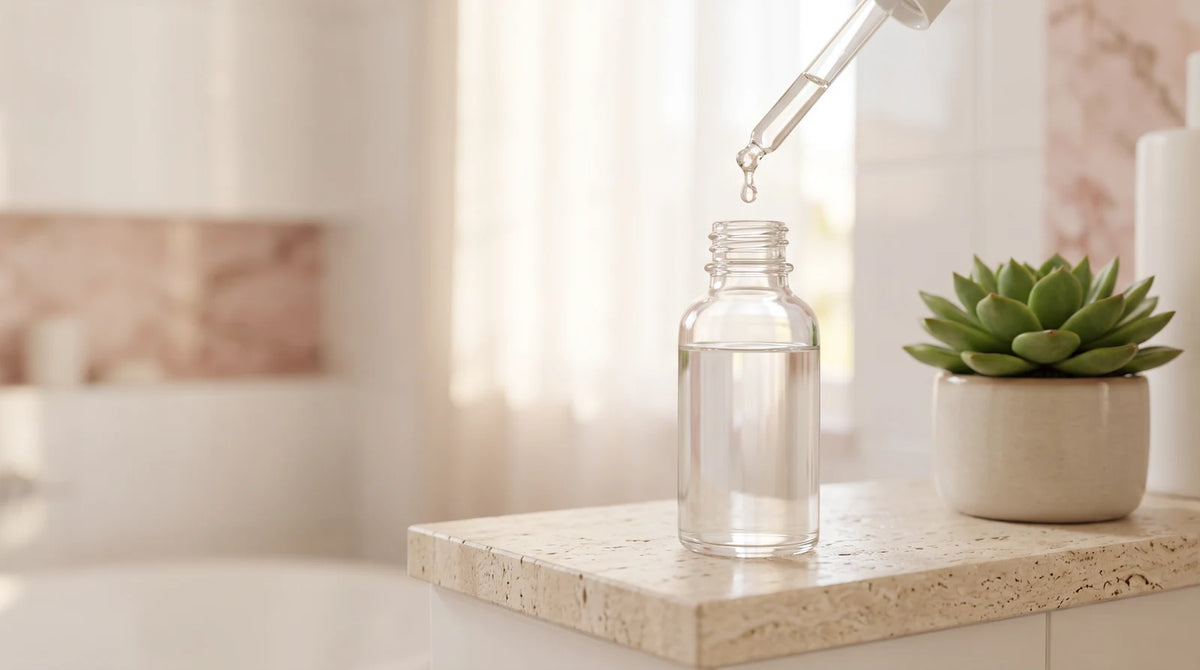 A glass dropper bottle of scalp treatment serum for growth resting on a sunlit stone shelf in a clean bathroom setting.