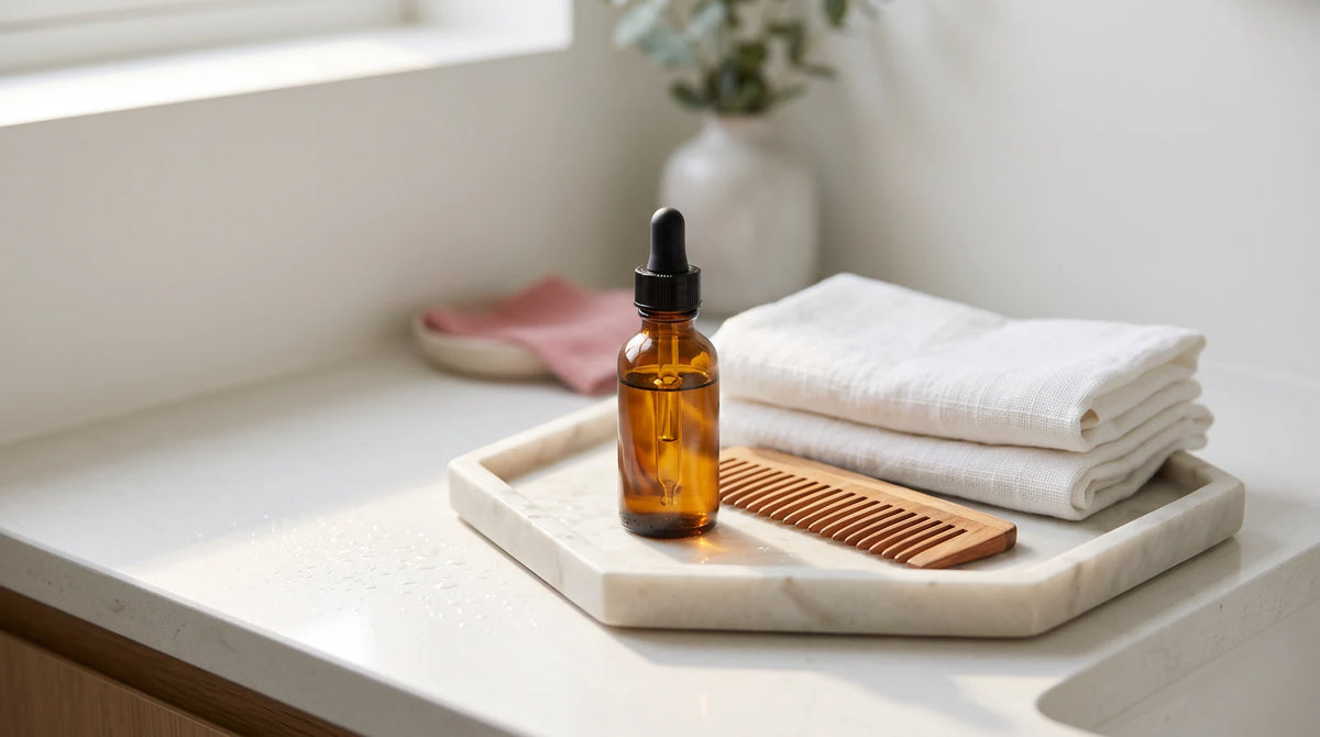 Amber glass bottle of hair regrowth serum with dropper on a marble vanity tray in a brightly lit modern bathroom
