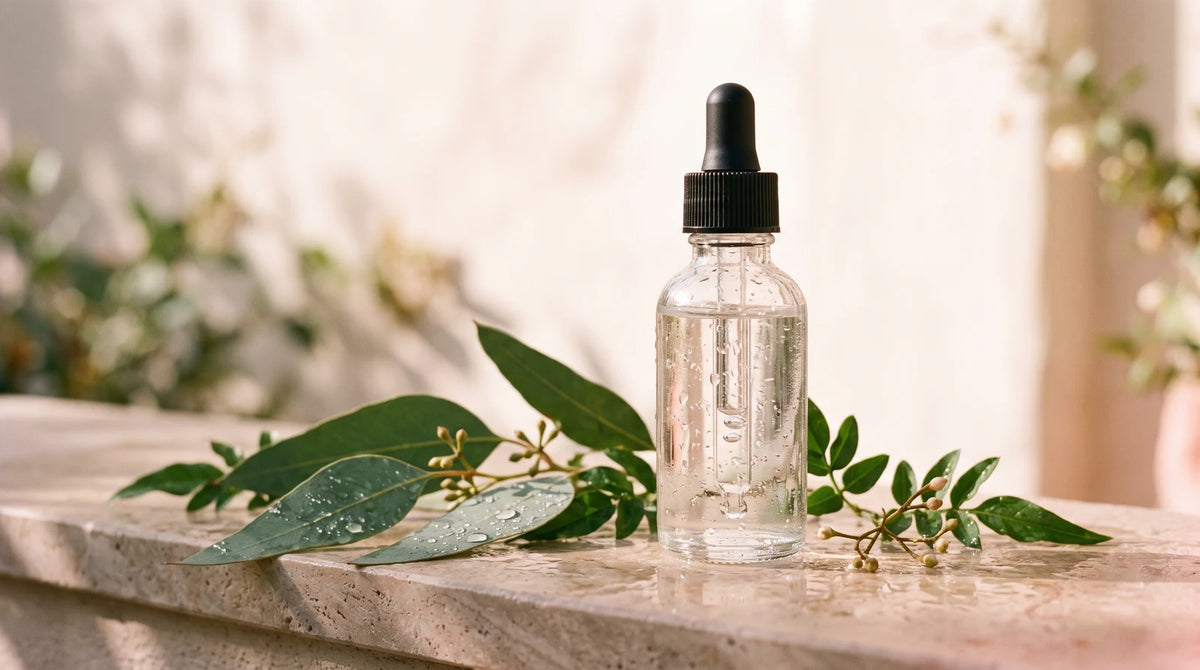 Clean hair growth revive serum bottle displayed on a stone surface with soft morning light
